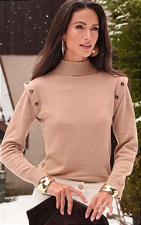 Blusa Tricot Manga Longa Com Botão Ombros