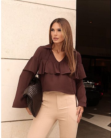 Blusa Cropped Manga Longa Com Babados Milalai