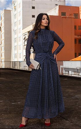 Vestido Midi Em Tule Com Pregas e Gola Alta Poá