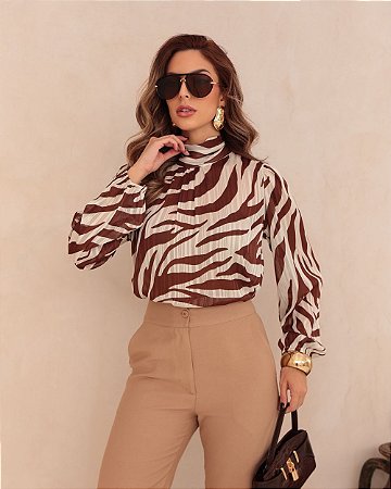 Blusa Chiffon Manga Longa Zebra