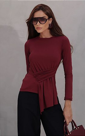 Blusa Malha Jersey Com Manga Longa Assimétrica