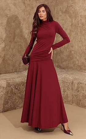 Vestido Longo Malha Jersey Manga Longa