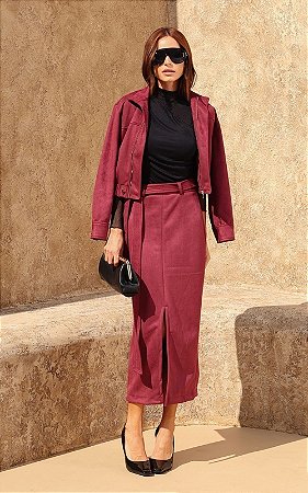 Saia Midi Em Suede Com Amarração E Fenda