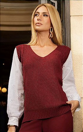 Tricot Colete Manga Longa Flor