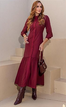 Vestido Chemise Midi Em Crepe com Bolsos e Botões