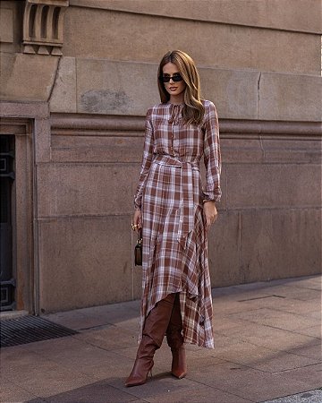 Vestido Midi Viscose Em Estampa Xadrez
