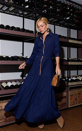 Vestido Midi Em Alfaiataria Manga Longa e Botões