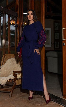 Vestido Midi Em Malha Texturizada Bordado
