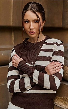 Blusa Tricot Listrado Manga Longa Com Botão Gola