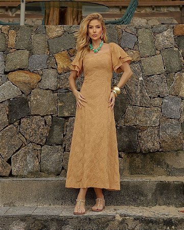 Vestido Midi Algodão Bordado Decote Princesa