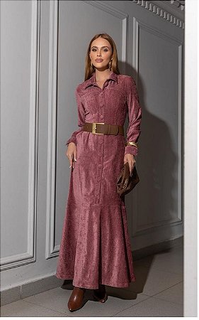 Vestido Midi Em Veludo Com Gola Clássica e Botões Forrados