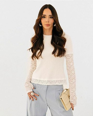 Blusa Malha Canelada Manga Longa Em Renda