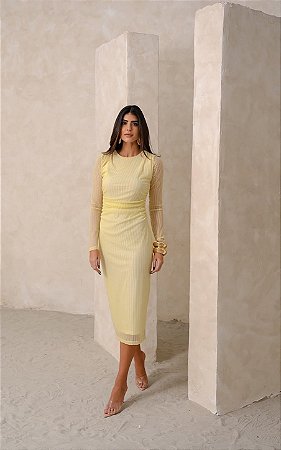 Vestido Midi Em Tule Listras com Franzido Hirus