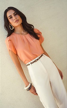 Blusa Em Crepe Pregas Manga Tulipa Donna Ritz