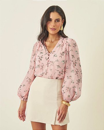 Blusa Crepe Decote V Floral Com Botões Milalai