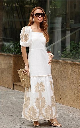 Vestido Midi Algodão Bordado Decote Quadrado