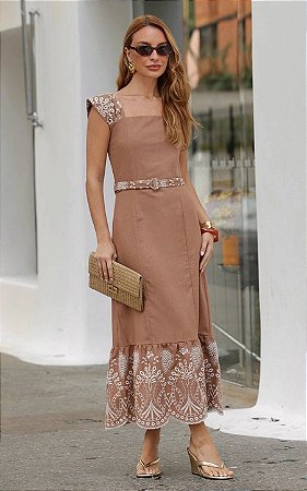 Vestido Midi Linho Com Bordado