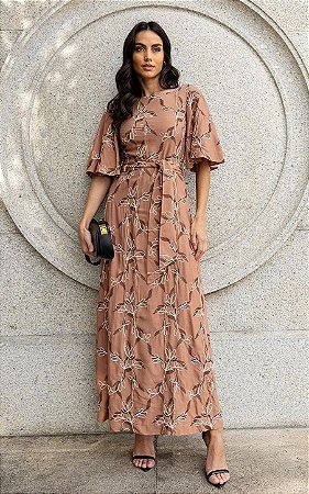 Vestido Em Viscose Bordado Manga Sino