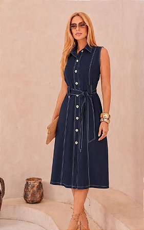 Vestido Chemise Viscose Cavado Com Pesponto E Amarração