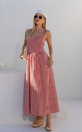 Vestido Midi Tricoline Listrado