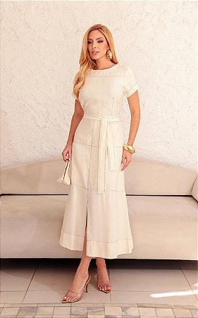 Vestido Midi Alfaiataria Pespontado Com Fenda