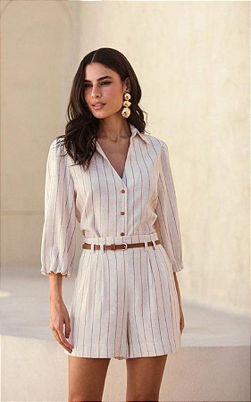 Camisa Manga Balone Linho Listrado Donna Ritz