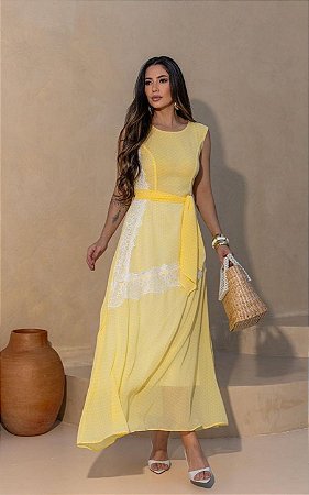 Vestido Midi Chiffon Manga Cavada Com Renda
