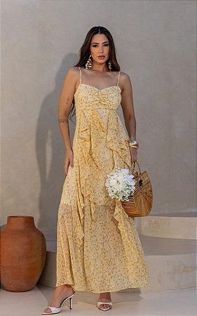 Vestido Midi Chiffon Flores Decote Coração