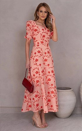 Vestido Midi Bordado Com Cinto