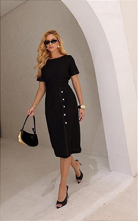 Vestido Tubo Alfaiataria Pespontado Com Cinto