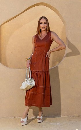 Vestido Midi Em Tricoline Com Recortes e Pesponto