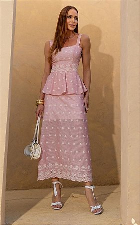 Vestido Midi Reto Em Laise Com Peplum