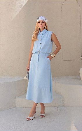 Conjunto Viscolinho Colete e Saia Midi Com Bolso