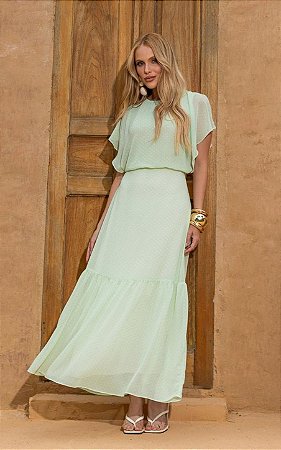 Vestido Midi Em Chiffon Poá Decote Redondo e Pregas