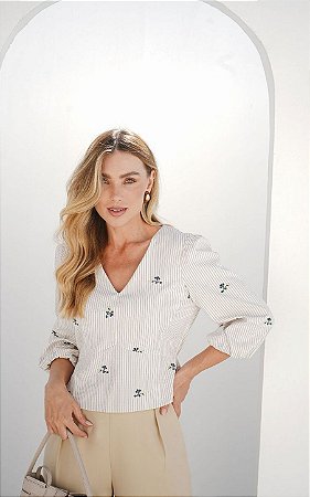 Blusa Alfaiataria Listrado E Bordado Manga Balone Donna Ritz