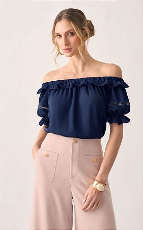 Blusa Em Crepe Com Babados Ombro A Ombro Milalai