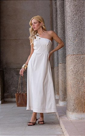 Vestido Midi Twill Com Decote Assimétrico e Alça Única Flor
