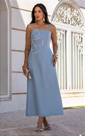 Vestido Midi Alfaiataria Com Decote Reto E Aplicação Flor