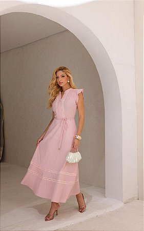 Vestido Midi Em Viscose Maquinetado Com Entremeios