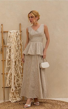 Vestido Midi Tricoline Listrado Com Peplum