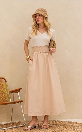 Vestido Midi Em Malha Canelada Decote V