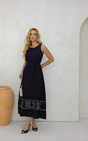 Vestido Midi Alfaiataria Bordado Barra Com Faixa