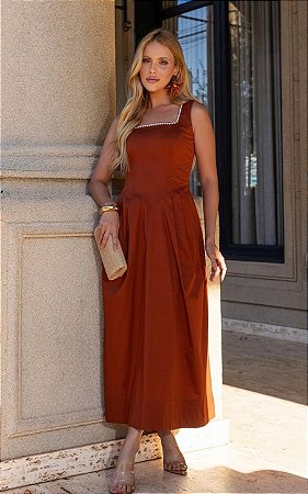 Vestido Midi Em Tricoline Com Decote Quadrado