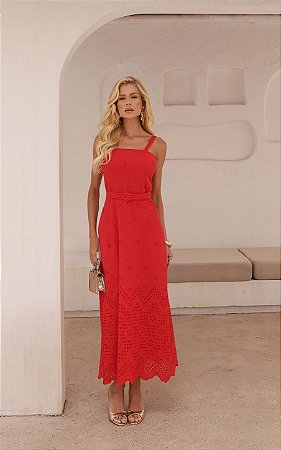 Vestido Midi Alça Em Algodão Bordado Com Cinto