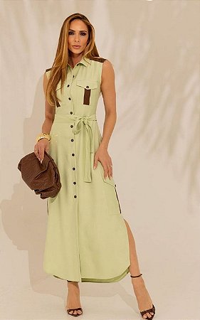 Vestido Midi Em Alfaiataria Com Gola E Bolsos Utilitários