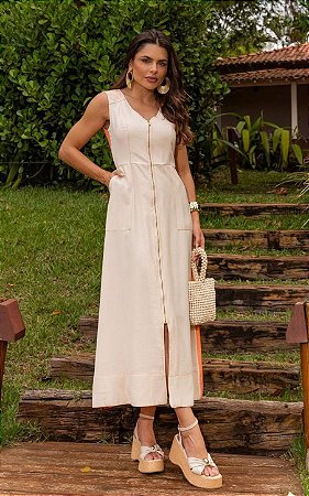 Vestido Midi Bicolor Com Decote V E Zíper Frontal