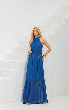 Vestido Longo Chiffon Com Gola Alta E Cinto