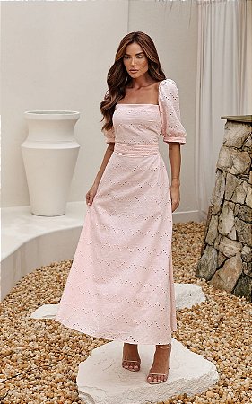 Vestido Midi Decote Reto Em Laise Com Faixa