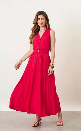Vestido Midi Em Viscose Com Cinto Elástico e Botões Frontais Milalai