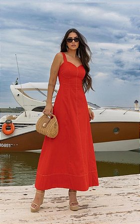 Vestido Midi Em Sarja Evase